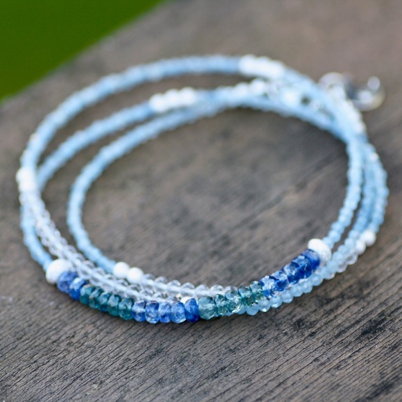 Natural Kyanite, Aquamarine Wrap Bracelet Convertible Necklace Sterling Silver - Picture 1 of 14
